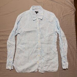 Talbots Button Up Shirt Women's Medium Blue White 100% Linen Striped Long Sleeve